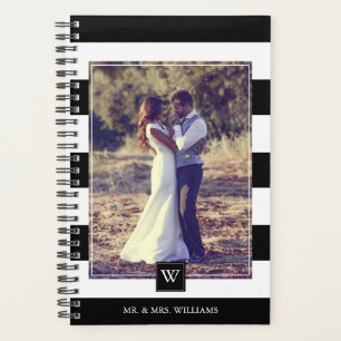 Stylish Black and White Stripes Monogram Planner