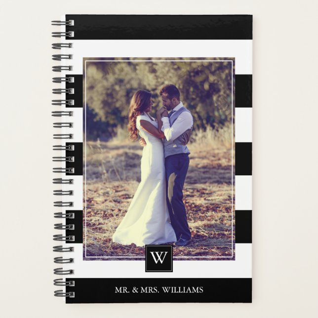 Stylish Black and White Stripes Monogram Planner (Front)