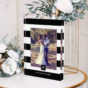 Stylish Black and White Stripes Monogrammed Photo Block