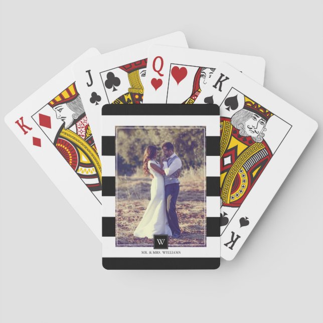 Stylish Black and White Stripes Monogrammed Playing Cards (Back)