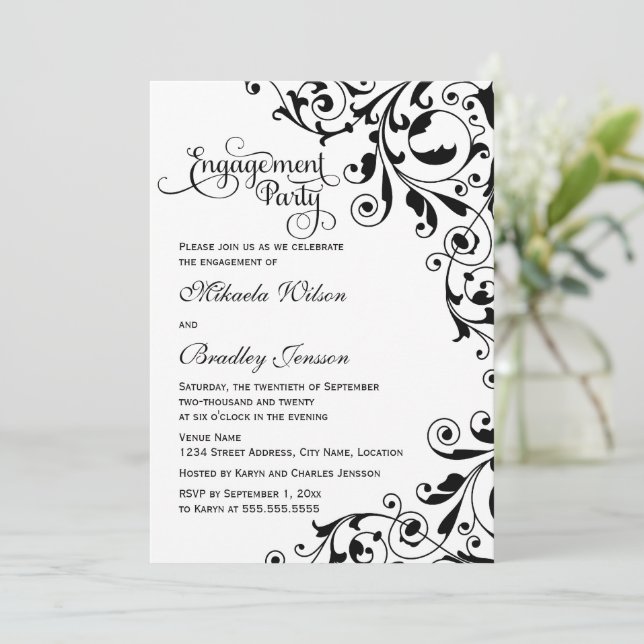 Stylish Black and White Swirls Engagement Party Invitation (Standing Front)