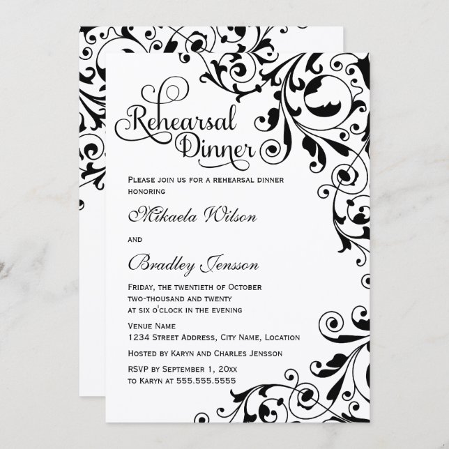 Stylish Black and White Swirls Rehearsal Dinner Invitation (Front/Back)