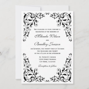Stylish Black and White Swirls Wedding Invitation