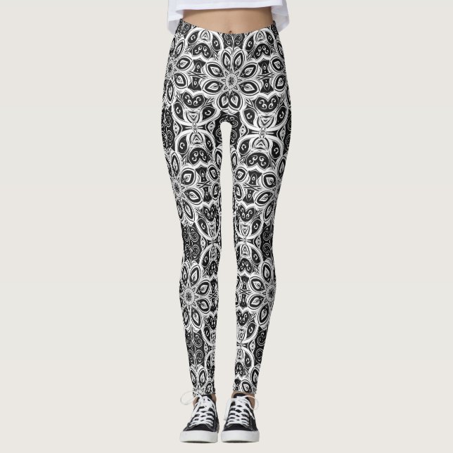 Stylish Black and White Vector Graphic Leggings (Front)
