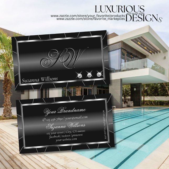 Stylish Black and White with Diamonds & Monogram Business Card (Creator Uploaded)