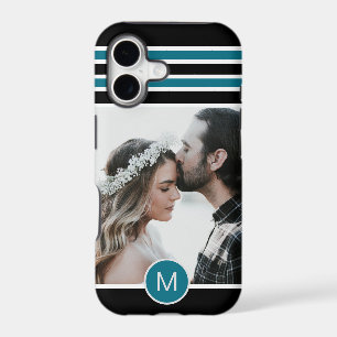 Stylish Black Blue Striped Monogram Custom Photo