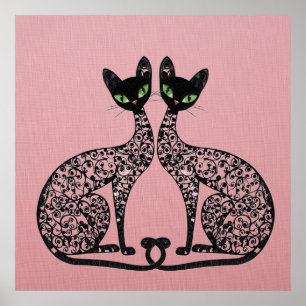 Stylish Black Cats Filigree Poster