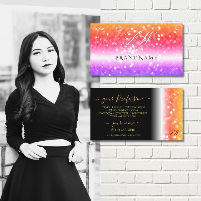 Stylish Black Colourful Sparkling Glitter Initials Business Card (Creator Uploaded)