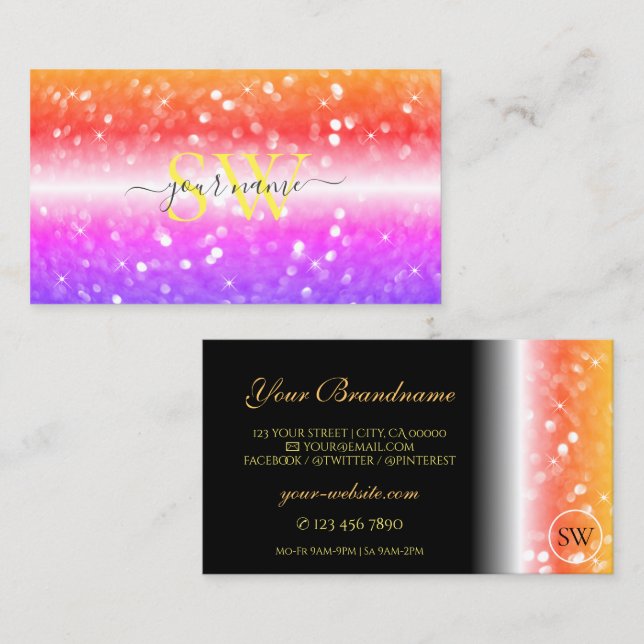 Stylish Black Colourful Sparkling Glitter Monogram Business Card (Front/Back)