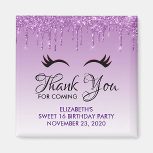 Stylish Black Eyelashes & Purple Glitter Birthday Magnet