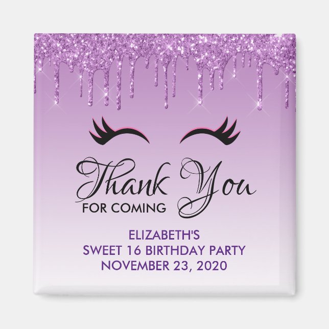 Stylish Black Eyelashes & Purple Glitter Birthday Magnet (Front)