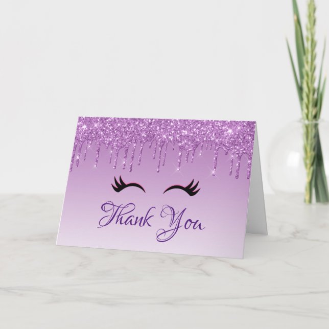Stylish Black Eyelashes & Purple Glitter Thank You Card (Front)