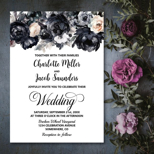 Stylish Black Floral Wedding Invitation (Creator Uploaded)