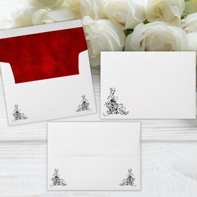 Stylish Black Flourishes and Red Velvet Wedding Envelope (Creator Uploaded)