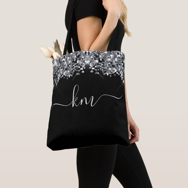 Stylish Black Glitter Script Initial Monogram Tote Bag (Close Up)