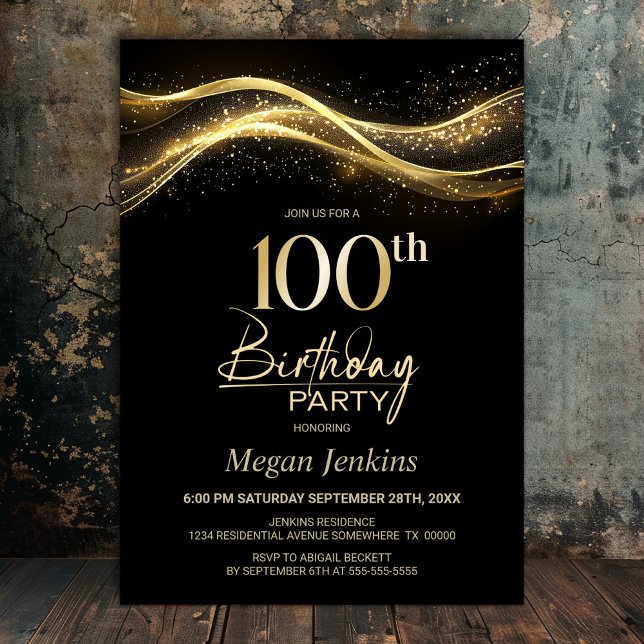 Stylish Black Gold 100th Birthday Party Invitation (Creator Uploaded)