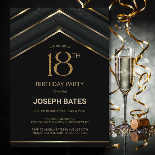 Stylish Black Gold 18th Birthday Party Invitation