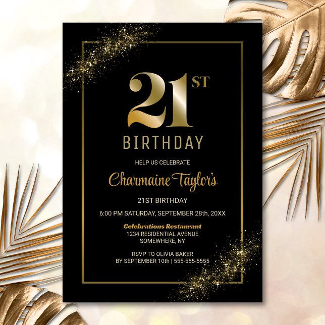 Stylish Black Gold 21st Birthday Party Invitation (Creator Uploaded)
