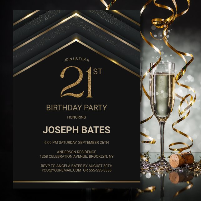 Stylish Black Gold 21st Birthday Party Invitation (Creator Uploaded)