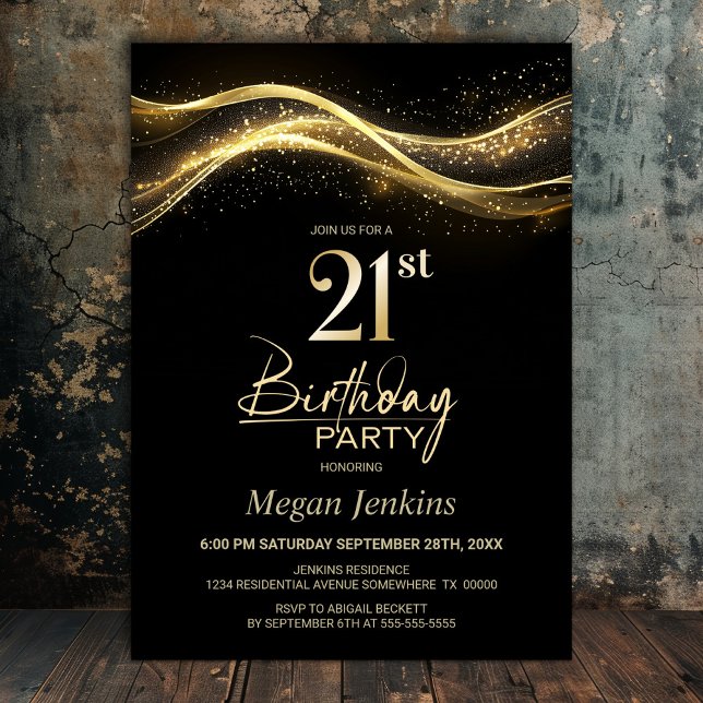 Stylish Black Gold 21st Birthday Party Invitation (Creator Uploaded)
