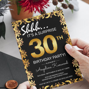 Stylish Black & Gold 30th Surprise Birthday Party Invitation