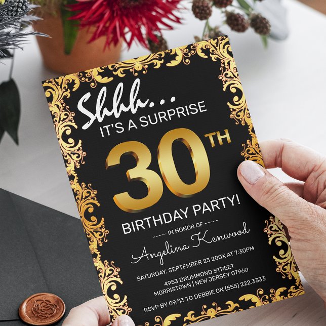 Stylish Black & Gold 30th Surprise Birthday Party Invitation (Creator Uploaded)