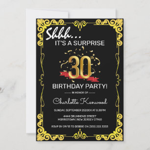 Stylish Black & Gold 30th Surprise Birthday Party  Invitation