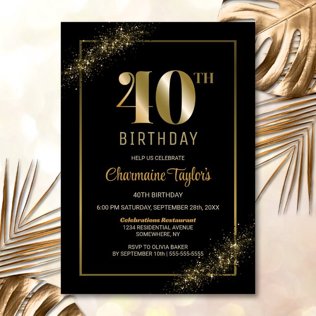 Stylish Black Gold 40th Birthday Party Invitation (Creator Uploaded)