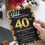 Stylish Black & Gold 40th Surprise Birthday Party Invitation<br><div class="desc">Stylish black and gold surprise birthday party invitation,  featuring an ornate gold border,  big gold numbers of the age and a birthday template that is easy to customise.</div>