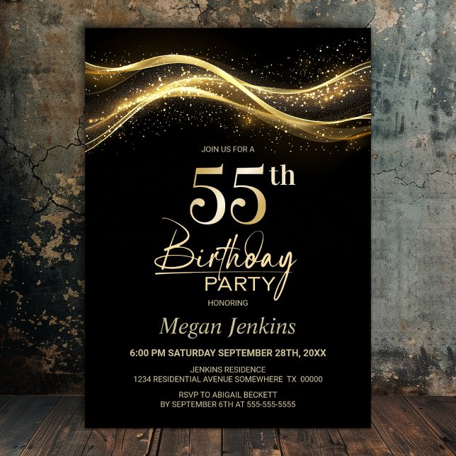 Stylish Black Gold 55th Birthday Party Invitation (Creator Uploaded)