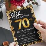 Stylish Black & Gold 70th Surprise Birthday Party Invitation<br><div class="desc">Set the tone for a memorable party with our stylish black and gold surprise birthday invitations. These invite templates feature a unique gold ornate border set against a classy black background. The eye-catching gold numbers showcase the celebrant's age, making each invitation a personal keepsake. Editing is a breeze with our...</div>