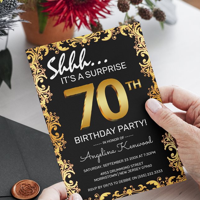Stylish Black & Gold 70th Surprise Birthday Party Invitation (Creator Uploaded)