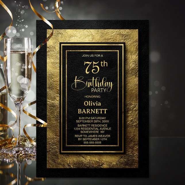 Stylish Black Gold 75th Birthday Party Invitation (Creator Uploaded)