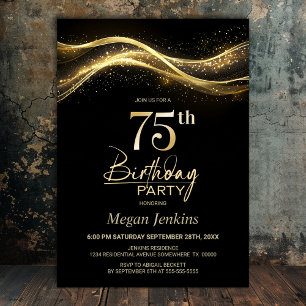 Stylish Black Gold 75th Birthday Party Invitation