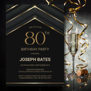 Stylish Black Gold 80th Birthday Party Invitation