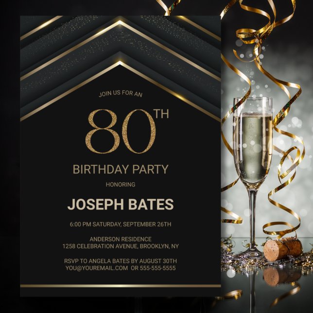 Stylish Black Gold 80th Birthday Party Invitation (Creator Uploaded)