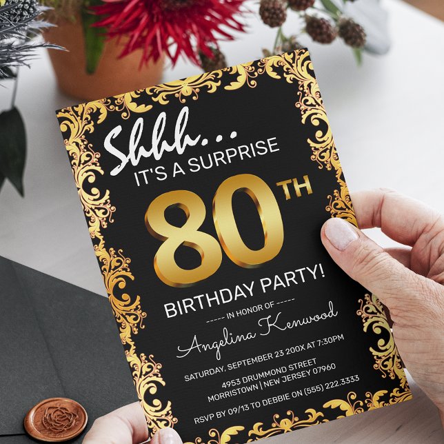 Stylish Black & Gold 80th Surprise Birthday Party Invitation (Creator Uploaded)