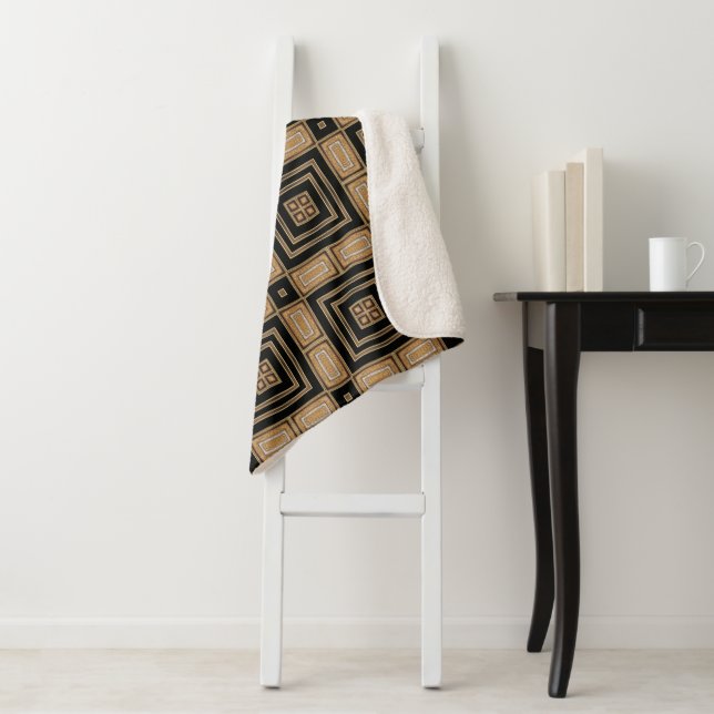Stylish Black & Gold Art Deco Geometric Pattern Sherpa Blanket (In Situ)