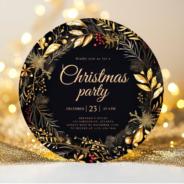 Stylish Black Gold Elegant Christmas Holiday Party Invitation (Stylish Black Gold Elegant Christmas Holiday Party Invitation)