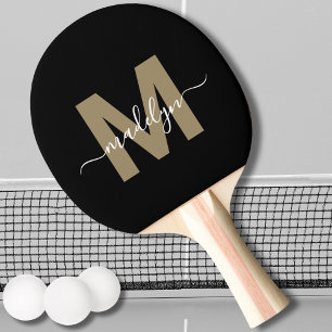 Stylish Black Gold Elegant Script Name Monogram Ping Pong Paddle