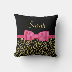 Stylish Black Gold Floral Damask Pink Bow and Name Cushion