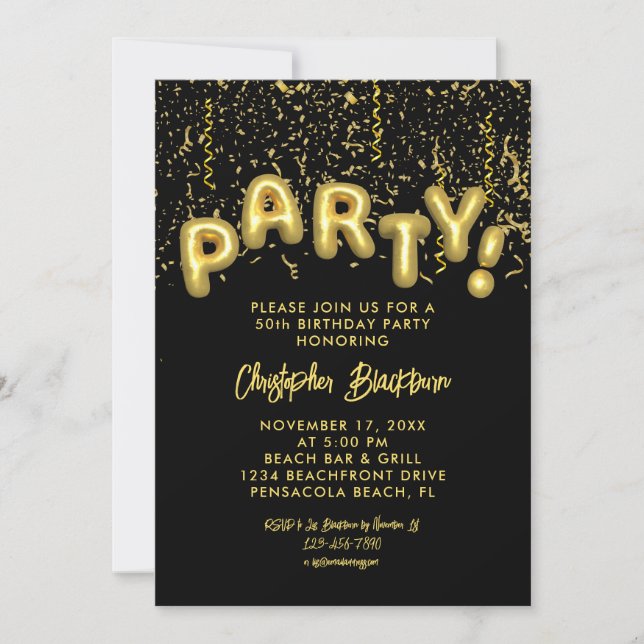 Stylish Black & Gold Foil Balloon 50th Birthday Invitation (Front)