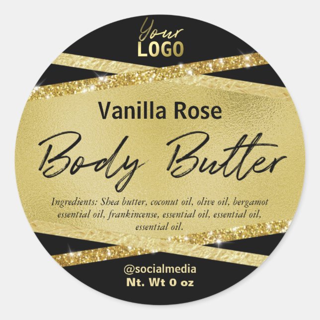 Stylish Black Gold Foil Glitter Body Butter Labels (Front)