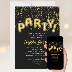 Stylish Black & Gold Foil Party Balloon Birthday Invitation