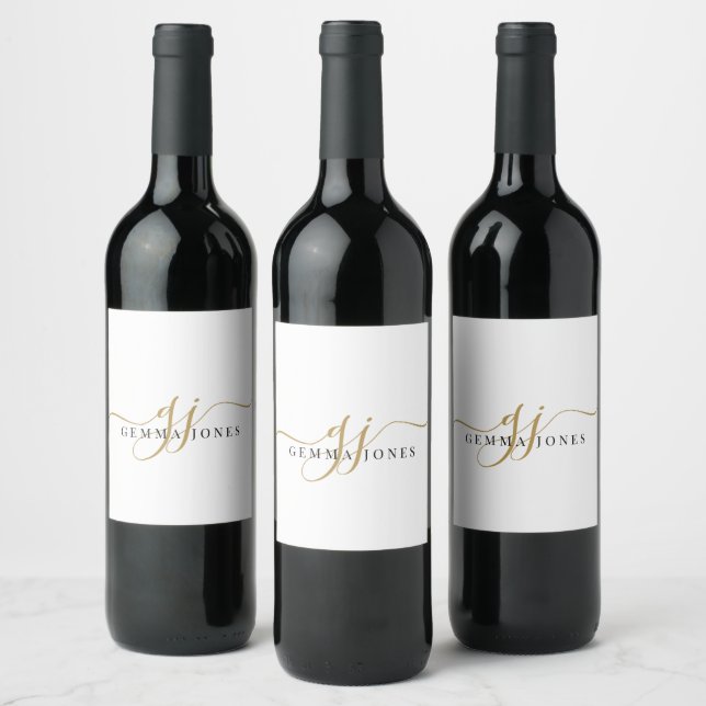 Stylish Black Gold Monogram Elegant Script Name  Wine Label (Bottles)