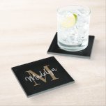 Stylish Black Gold Monogram Feminine Script Name Glass Coaster<br><div class="desc">Stylish Black Gold Monogram Feminine Script Name Glass Coaster. Easily personalise this modern elegant glass coaster with your custom monogram and name.</div>