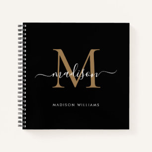 Stylish Black Gold Monogram Initial Script Name Notebook