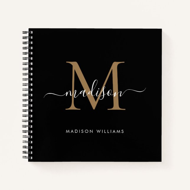 Stylish Black Gold Monogram Initial Script Name Notebook (Front)