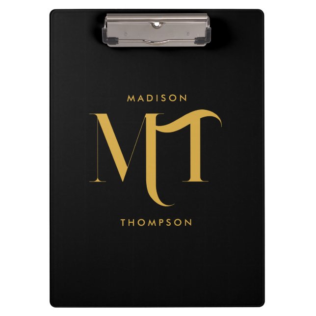 Stylish Black & Gold Monogram Initials Letters Clipboard (Front)