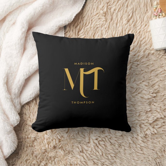 Stylish Black & Gold Monogram Initials Letters Cushion (Blanket)